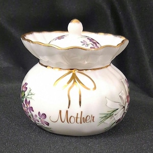 Vintage Fenton Trinket Pot, "Mother", Wild Violets, English Bone China