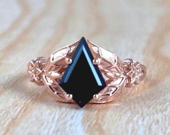 Sterling Silver Black Onyx Ring, Leaf Design 18k Gold Plated, Engagement Ring