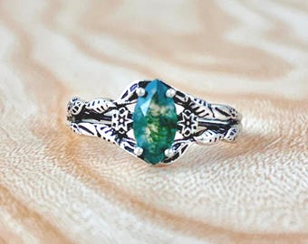 シルバーブランチモスアゲート＆ガーネットリング、925スターリング