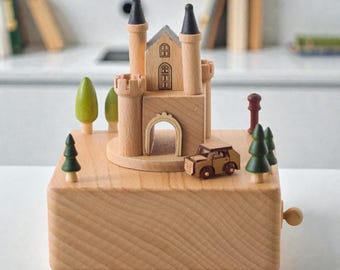 Wooden Castle Music Box Handmade Natural Wood Gift Decor