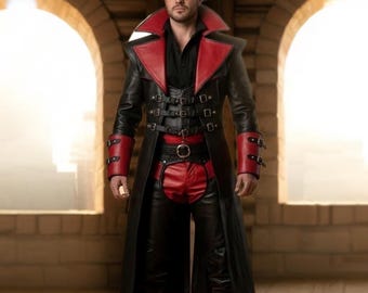 Gabardina de cuero de fantasía para cosplay / Disfraz gótico rojo y negro / Tallas personalizadas XS-5XL