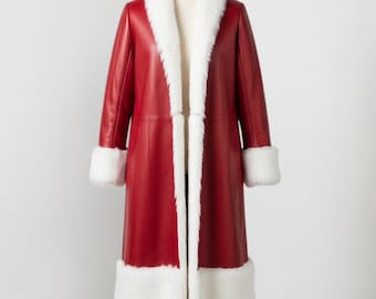 Echte rode leren kerstjas – Fantasy-outfit met bontafwerking