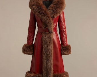May include: A red faux leather coat with brown faux fur trim. The coat features a large fur collar, fur cuffs, and a fur trim down the front. It has a belt at the waist and a knee-length hemline.