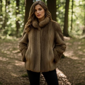 May include: A brown faux fur coat with a wide collar and vertical seam details. The coat has a button closure and pockets. The model is wearing black pants. The background is a blurred forest scene.