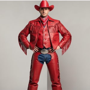 Puede incluir: Un atuendo de vaquero de cuero rojo, que incluye una chaqueta con flecos, un chaleco, unos chaps y un sombrero de vaquero. El atuendo presenta una hebilla de cinturón plateada y un pañuelo rojo. La persona lleva vaqueros azules.