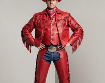 Western Cowboy Complete Leather Outfit for Men's - Handmade Jacket, Chaps, Vest & and Hat Included