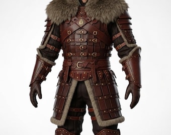 May include: A brown leather armor set with a fur collar. The armor features multiple layers of leather plates, straps, and buckles. The set includes a chest piece, shoulder pads, arm guards, and leg armor. The design incorporates a fur trim and is likely for cosplay or costume use.
