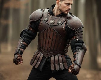 Armadura de fantasía de cuero genuino: disfraz de cosplay medieval hecho a mano