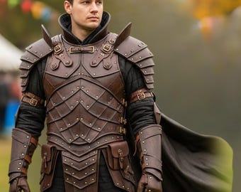 May include: Brown leather armor with riveted accents, shoulder guards, and a black cape. The armor includes a chest piece, arm guards, and gloves. The design features a quilted black underlayer and small pouches.