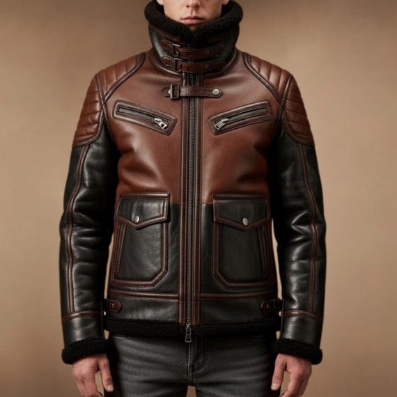 Real Leather Biker Jacket Men | Handmade Dark Brown & Black Coat | XS–5XL