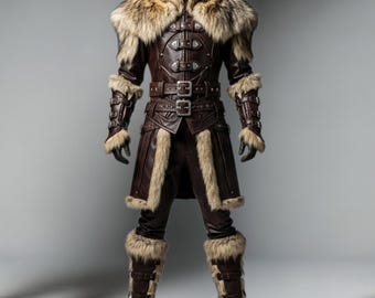 May include: A brown leather outfit with fur trim, featuring a jacket, pants, and boots. The jacket has a fur collar and is secured with buckles. The outfit includes a belt and wrist cuffs, creating a medieval or fantasy aesthetic.