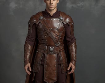Armadura medieval de guerrero hecha a mano en cuero genuino – Conjunto completo con capa