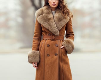 May include: A long, brown suede coat with a fur collar and cuffs. The coat features a belted waist, double-breasted button closure, and a classic design. The coat is a warm, stylish outerwear option.