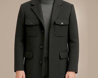 Men’s Victorian Steampunk Black Wool Coat Peacoat Jacket, Vintage Gothic Winter Fashion Tailored Overcoat