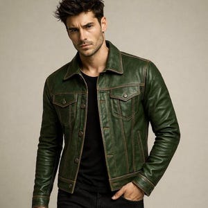 Men's Green Leather Biker Moto Trucker Jacket, Handmade Vintage