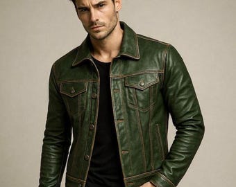 Men's Green Leather Biker Moto Trucker Jacket, Handmade Vintage