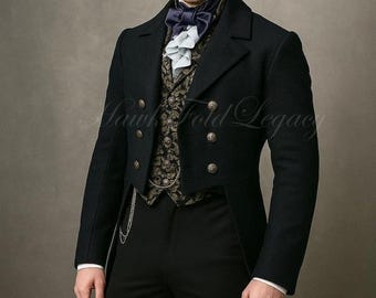 Vintage Regency Tailcoat Jacket For Men, Gothic Steampunk Wool Coat