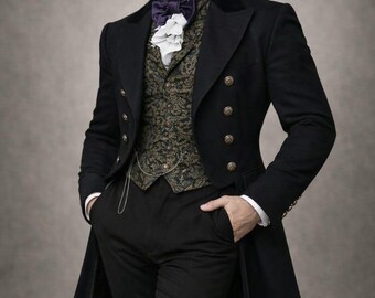 Vintage Regency Tailcoat Jacket For Men, Gothic Steampunk Wool Coat