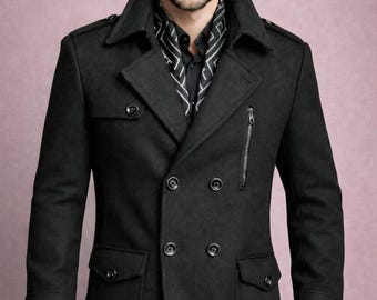 Men's Black Wool Double-Breasted Peacoat | Winter Classic
