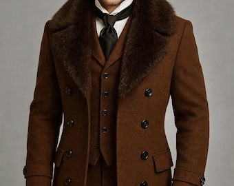 Men’s Victorian Double-Breasted Wool Coat with Fur Collar – Luxury Vintage Winter Overcoat