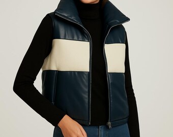 Leather Puffer Vest for Women, High Collar Sleeveless Winter Fashion Jacket outerwear