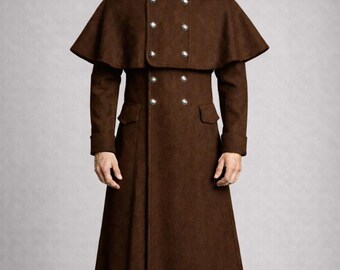 Men's Gothic Victorian Wool Double-Breasted Cape Coat | Vintage Inspired Long Coat