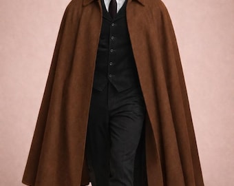 Men's Gothic Victorian Brown Cape Coat, Vintage Gothic Steampunk Cloak Long Overcoat