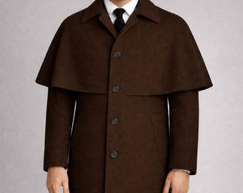 Men’s Brown Victorian Wool Cape Overcoat, Vintage Formal Winter Long Coat with Shoulder Cape.