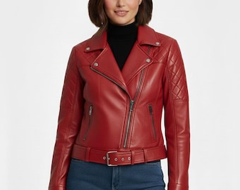 Red Biker Jacket With Quilted Shoulders, Women's Moto Jacket, Pure Leather Cropped Coat