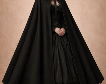 Women’s Black Wool Cloak Cape Coat, Vintage Victorian Steampunk Gothic Winter Poncho Renaissance Overcoat