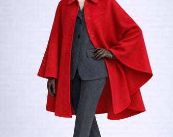 Red Wool Cape Coat, Victorian Button Detail Outerwear