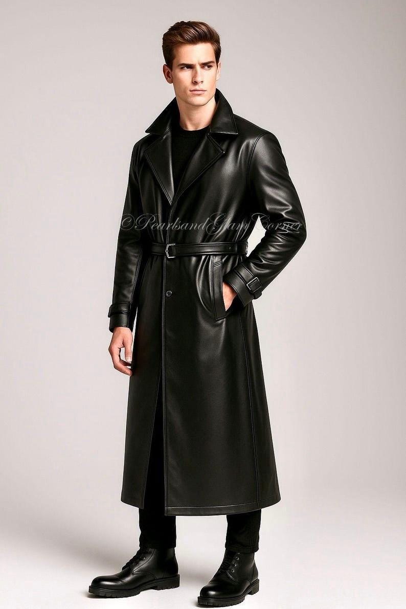 Men's Black Leather Trench Coat Overcoat, Vintage Gothic Victorian Steampunk Winter Fashion Long Jacket
