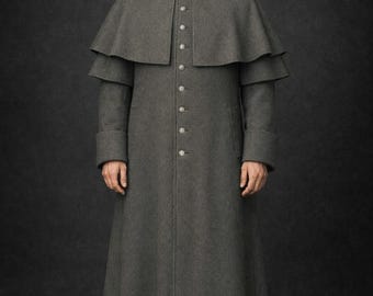 Men's Gothic Victorian Grey Woolen Cloak Coat, Vintage Double-Breasted Trench Long Coat