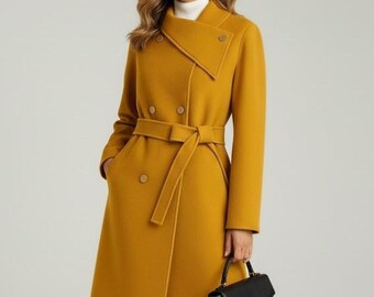 Wool Coat for Women | Elegant Mustard Winter Overcoat | Double-Breasted Wool Trench | Chic Warm Outerwear