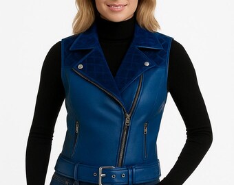Blue Leather Biker Vest – Women's Moto Vest with Quilted Velvet Collar