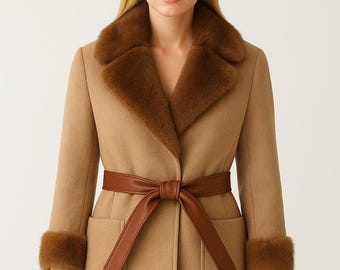 Luxury Wool Coat with Fur Collar & Cuffs, Women's Short Tan Car Coat