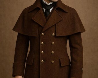 Classic Men's Gothic Victorian Wool Peacoat with Cape Collar - Vintage-Inspired Men's Outerwear