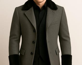 Men’s Wool Coat Overcoat Jacket with Black Fur Collar & Cuffs, Tailored Formal Winter Outerwear