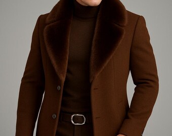 Luxury Wool Coat for Men with Fur Collar – Elegant Winter Overcoat, Classic Tailored Fit