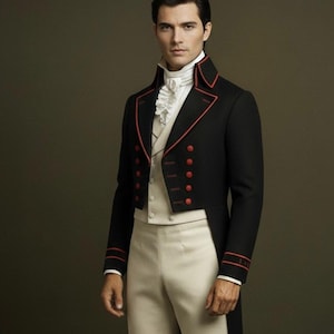 May include: A formal black jacket with red trim and buttons, paired with a white vest and pants. The jacket features a high collar and long tails, creating a classic, elegant look. The outfit is reminiscent of historical military or formal attire.