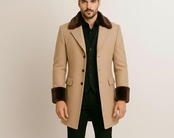 Men’s Wool Overcoat Coat Jacket with Black Fur Collar & Cuffs, Tailored Formal Winter Outerwear