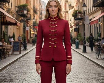 Military Style Women’s Wool Jacket, Gold Button Blazer & Matching Pants, Elegant Tailored Power Suit