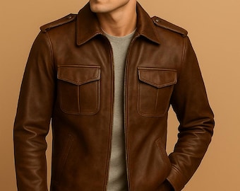 Giacca in pelle marrone da uomo in stile vintage, cappotto in stile safari con colletto classico