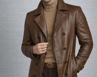 Men's Brown Leather Trench Coat - Classic Vintage Style Peacoat, Winter Outerwear