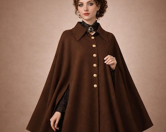 Women's Vintage Inspired Brown Wool Cape Cloak, Elegant Victorian Style Steampunk Outerwear