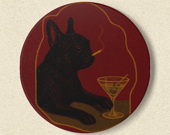 French Bulldog Martini Art Coaster | Vintage Scene Animal Art | StudioOfReflection - The "Quiet Hours" Collection