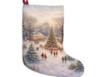 Victorian Village Christmas Tree Stocking | Plush Polyester Fleece