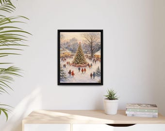 Vintage Christmas Tree Town Square Matte Canvas, Framed