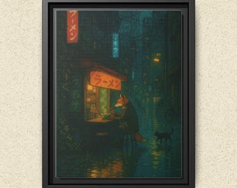Framed Nighttime Ramen Art Print, Fox and Cat, Japanese Cafe Decor