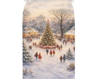 Christmas Tree Town Scene Sack | Holiday Drawstring Bag, Snowy Village Design